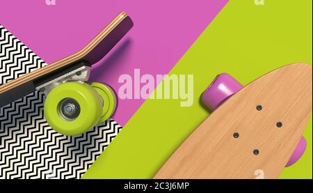 Wooden skateboard with bright colored wheels on a colorful background with geometric patterns. Copy space. Minimalistic creative concept. 3D render. Stock Photo