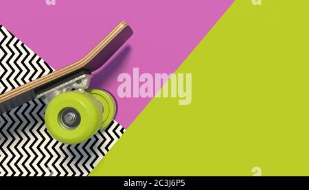 Wooden skateboard with bright colored wheels on a colorful background with geometric patterns. Copy space. Minimalistic creative concept. 3D render. Stock Photo