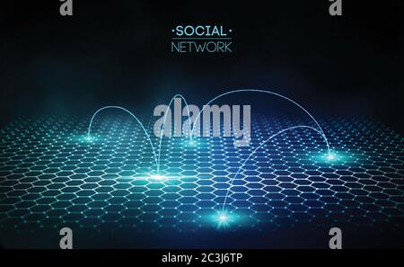 Network connection concept blue vector illustration. Futuristic hexagon perspective wide angle lanscape. Futuristic honeycomb concept. 3d landscape Stock Vector