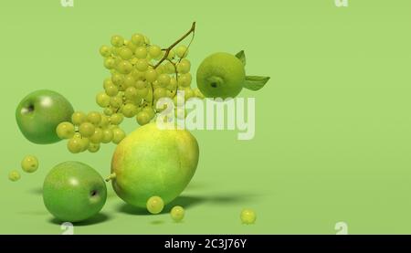 Banner with green fruits on a green background with free space for text. Composition of bunches of grapes, apples, mango and llime falling down. 3D re Stock Photo