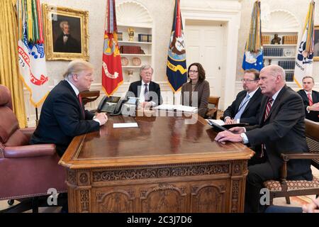 Washington, United States Of America. 31st Jan, 2019. President Donald J. Trump receives an intelligence briefing Thursday, Jan. 31. 2019, in the Oval Office of the White House. The President is joined by National Security Advisor John Bolton; Director of the Central Intelligence Agency Gina Haspel; Deputy Director of National Intelligence Integration Edward Gistaro; and Director of National Intelligence Dan Coats. People: President Donald Trump Credit: Storms Media Group/Alamy Live News Stock Photo