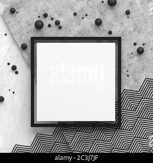 A square border frame on marble stone and concrete surface with a zigzag pattern on white background. Copy space. Abstract geometric composition in bl Stock Photo