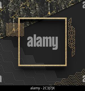 A square border frame on marble stone with a dark background and textured gold elements. Copy space. Abstract geometric composition. 3D render. Stock Photo