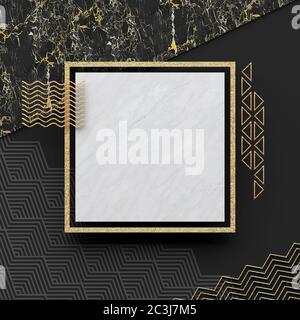 A square border frame on white marble stone with a dark background and textured gold elements. Copy space. Abstract geometric composition. 3D render. Stock Photo