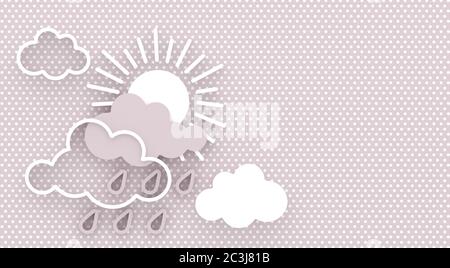 Cartoon abstract composition with the sun and clouds with raindrops on the sky.  Wall decor. Greeting card with copy space. 3D render. Stock Photo