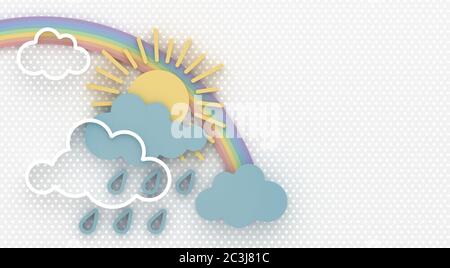 Cartoon abstract composition with the sun and clouds with raindrops on the sky.  Wall decor. Greeting card with copy space. 3D render. Stock Photo