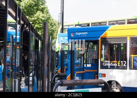 Single-decker Stagecoach buses parked at Canterbury bus station Kent. Stock Photo