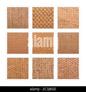 A nine square collage of sisal flooring samples showing a variety of weaves and patterns. Stock Photo