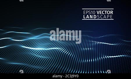 3D glowing abstract digital wave particles. Futuristic illustration. HUD element. Technology concept. Abstract blue background. Stock Photo