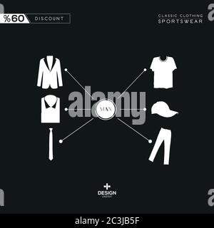 Classic suits and sportswear products on black and white background.Jacket, pants, shirt, hat, tie, t shirt, tuxedo. 60% poster design for blog. Stock Vector