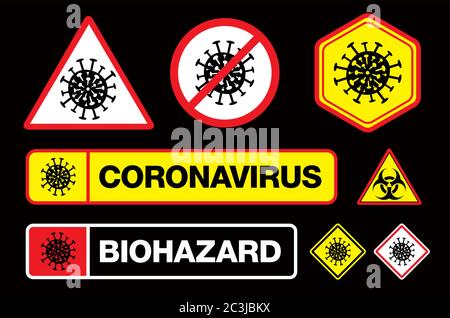 Covid-19 Coronavirus Sign with Illustration of Virus Itself. Lockdown. Pandemic. Outbreak. Stickers or Emblems Set. Stock Vector