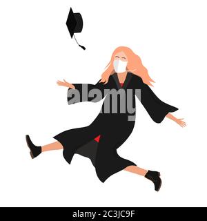 Young 20202 graduate student girl in medical mask and graduation gown jumping and throwing the mortarboard high into the air. Flat vector illustration Stock Vector