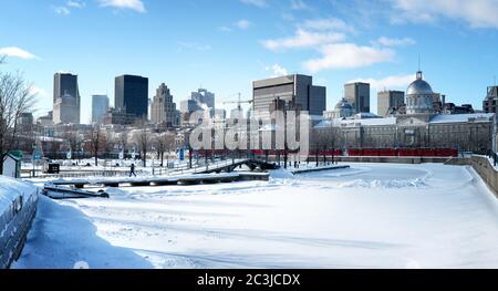 MONTREAL, CANADA - JANUARY 16: The frozen river in Old Port, Downtown Montreal. The area gets used for skating but is abandoned due to particularly co Stock Photo