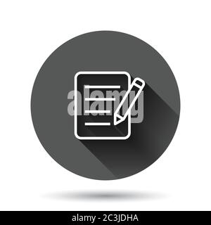 Blogging icon in flat style. Document with pen vector illustration on black round background with long shadow effect. Content circle button business c Stock Vector