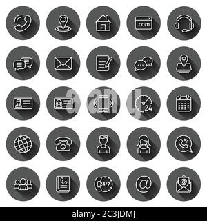 Contact icon set in flat style. Phone communication vector illustration on black round background with long shadow effect. Website equipment circle bu Stock Vector