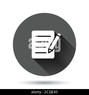 Blogging icon in flat style. Document with pen vector illustration on black round background with long shadow effect. Content circle button business c Stock Vector
