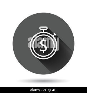 Time is money icon in flat style. Clock with dollar vector illustration on black round background with long shadow effect. Currency circle button busi Stock Vector