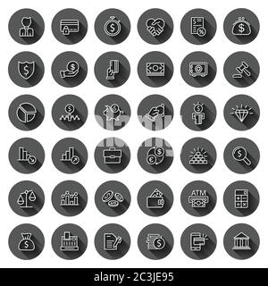 Business icon set in flat style. Finance investment vector illustration on black round background with long shadow effect. Financial currency circle b Stock Vector