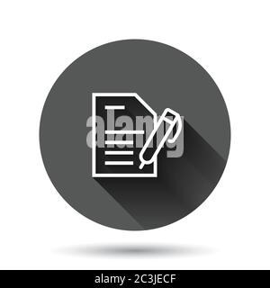 Blogging icon in flat style. Document with pen vector illustration on black round background with long shadow effect. Content circle button business c Stock Vector