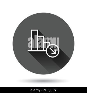 Market trend icon in flat style. Decline arrow with magnifier vector illustration on black round background with long shadow effect. Decrease circle b Stock Vector