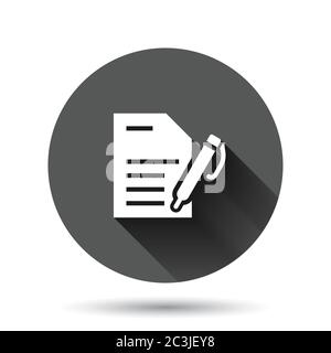 Blogging icon in flat style. Document with pen vector illustration on black round background with long shadow effect. Content circle button business c Stock Vector