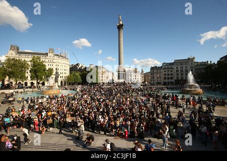 People gather in Trafalgar Square, London, after marching through central London, following a Black Lives Matter rally in Hyde Park, London. Stock Photo