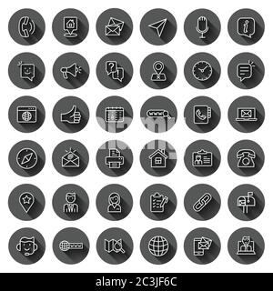 Contact us icon set in flat style. Mobile communication vector illustration on black round background with long shadow effect. Phone call circle butto Stock Vector