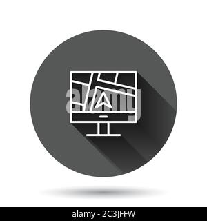 Computer navigation icon in flat style. Monitor pin gps vector illustration on black round background with long shadow effect. City area location circ Stock Vector
