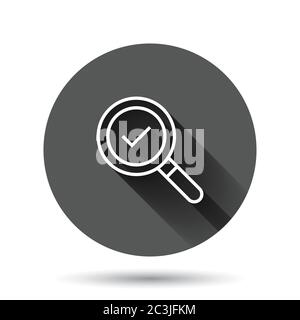Check mark with magnifying glass icon in flat style. Loupe accept vector illustration on black round background with long shadow effect. Search checkl Stock Vector