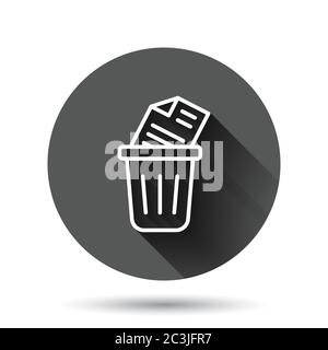 Trash bin with document icon in flat style. Paper recycle vector illustration on black round background with long shadow effect. Office garbage circle Stock Vector