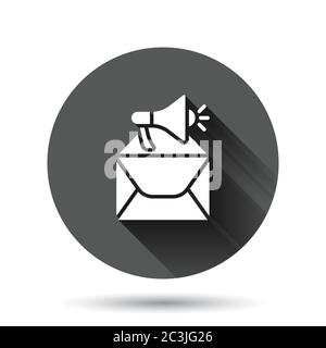 Envelope notification icon in flat style. Email with speaker vector illustration on black round background with long shadow effect. Receive mail messa Stock Vector