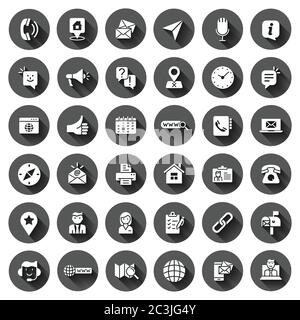 Contact us icon set in flat style. Mobile communication vector illustration on black round background with long shadow effect. Phone call circle butto Stock Vector