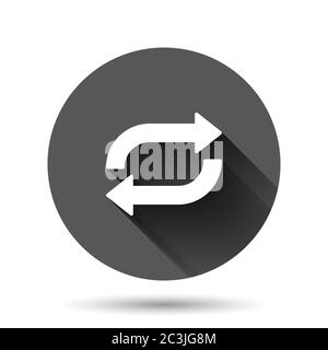 Arrow rotation icon in flat style. Sync action vector illustration on black round background with long shadow effect. Refresh button circle business c Stock Vector