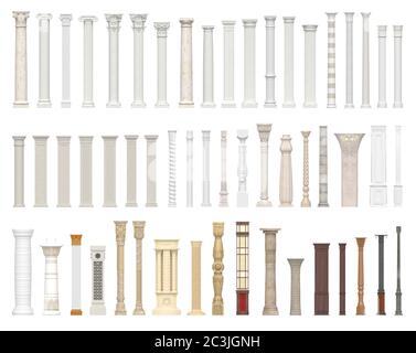 A set of columns and pillars of different styles. Architectural warrant isolated on white background. 3D visualization. Stock Photo