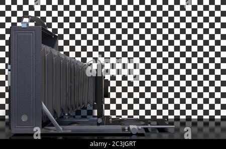 Old retro camera on a black and white background. Creative conceptual illustration with copy space. 3D rendering Stock Photo