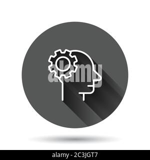 Human head with cogwheel icon in flat style. Technology progress vector illustration on black round background with long shadow effect. Face and gear Stock Vector