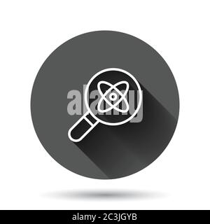 Science magnifier icon in flat style. Virus search vector illustration on black round background with long shadow effect. Chemistry dna circle button Stock Vector