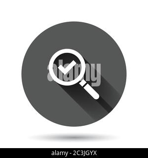 Check mark with magnifying glass icon in flat style. Loupe accept vector illustration on black round background with long shadow effect. Search checkl Stock Vector