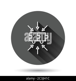 Puzzle jigsaw icon in flat style. Solution compatible vector illustration on black round background with long shadow effect. Combination circle button Stock Vector