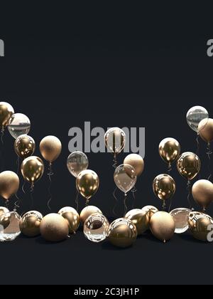 A lot of golden balloons on a black background. Matte, glossy and transparent balloons. 3D render. Stock Photo