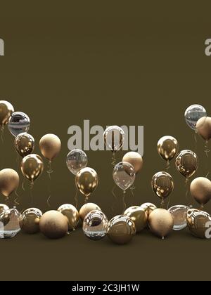 A lot of golden balloons on a black background. Matte, glossy and transparent balloons. 3D render. Stock Photo