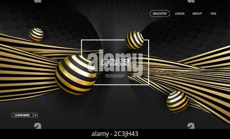 3d gold on black vector illustration. Graphic illustration with light golden spheres. Realistic shiny technology vector globe background. Stock Vector