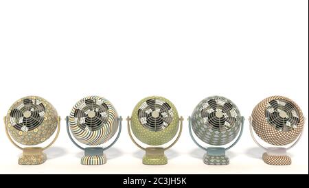 Five colorful vintage retro fans with a pattern  stand in a row. Isolated fans on a white background with space for text. 3D rendering Stock Photo