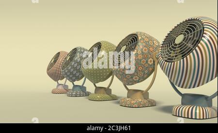 Five colorful vintage retro fans with a pattern  stand in a row. Isolated fans on a yellow-green background with space for text. 3D rendering Stock Photo