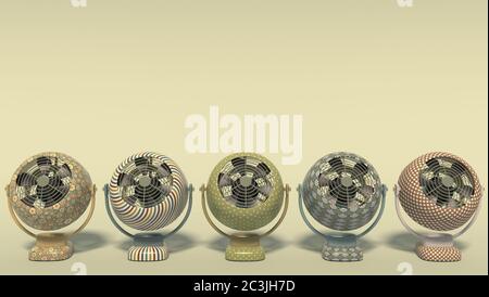 Five colorful vintage retro fans with a pattern  stand in a row. Isolated fans on a yellow-green background with space for text. 3D rendering Stock Photo