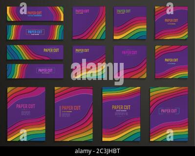Set of creative Vertical banners in paper cut style. Abstract colorful carving art with paper cut shapes. Vector 3D abstract paper art style, design Stock Vector