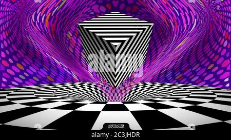 Optical illusion cube. retro op art purple background wave. Vector Illustration. Stock Vector