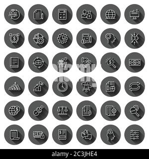 Business icon set in flat style. Money, people, document vector illustration on black round background with long shadow effect. Freelancer diagram cir Stock Vector