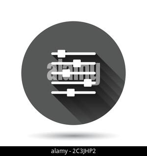 Control volume icon in flat style. Audio adjusting sign vector illustration on black round background with long shadow effect. Filter circle button bu Stock Vector