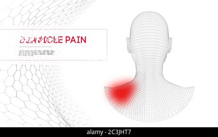 Clavicle pain of a woman. Wireframe head 3d. Vector Illustration. Stock Vector